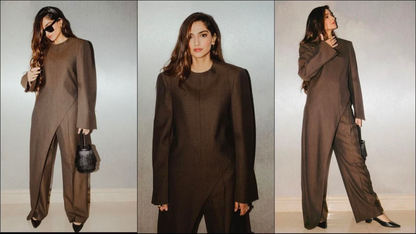 Sonam Kapoor effortlessly rocks the popular latte fashion trend, flaunting her chic and powerful boss babe vibe in a sleek brown pantsuit.